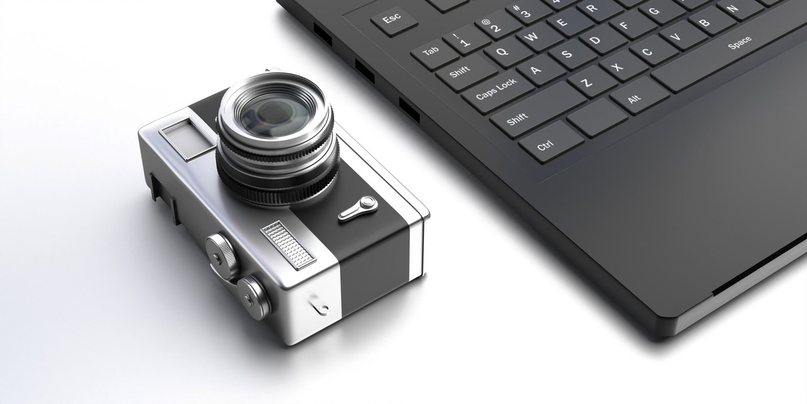 Digital photography, photo processing concept. Photo camera and computer laptop on white background. 3d illustration